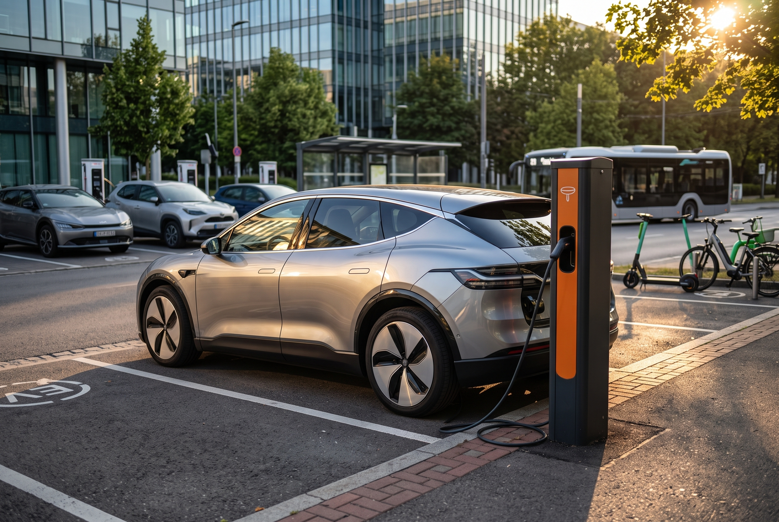 Silver electric vehicle (EV) plugging into a modern charging station at an urban transit hub during sunset, with electric buses and micro-mobility in the background
