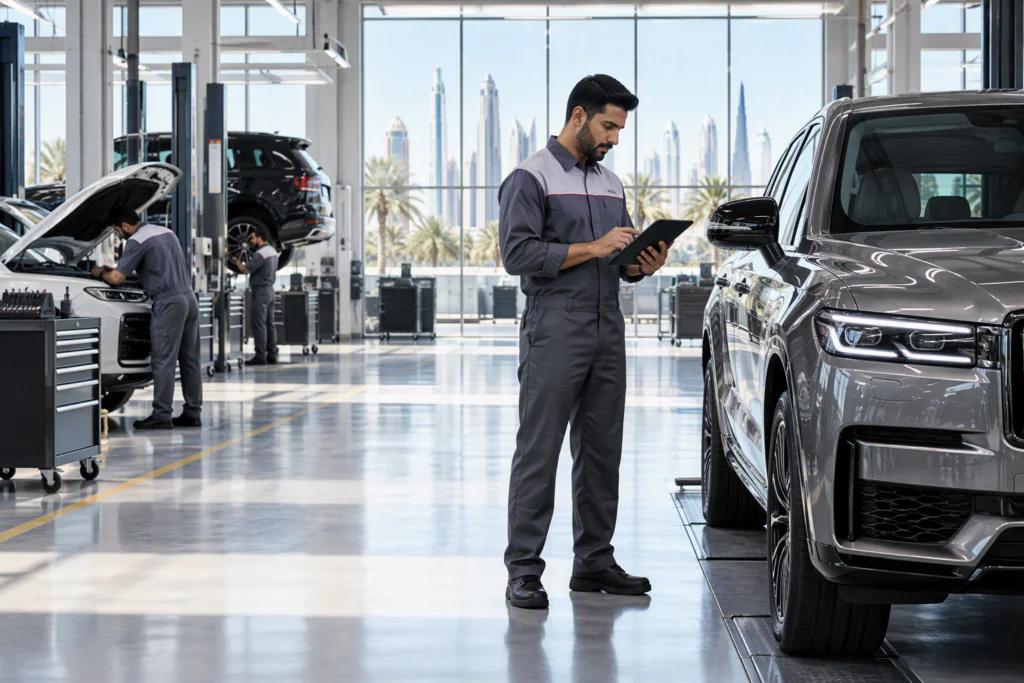 Professional technician using a digital tablet beside a luxury SUV inside a modern, high-tech automotive service center with organized service bays and bright natural lighting.