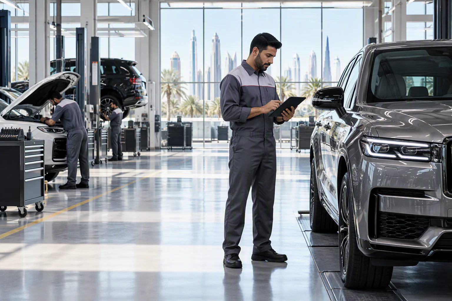 Professional technician using a digital tablet beside a luxury SUV inside a modern, high-tech automotive service center with organized service bays and bright natural lighting.